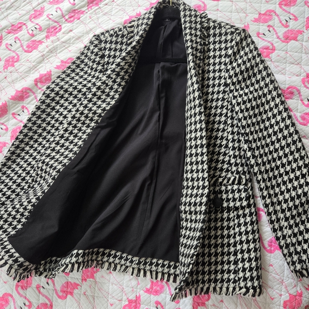 EXPRESS Blazer Coat Houndstooth Black and White - Picture 8 of 13